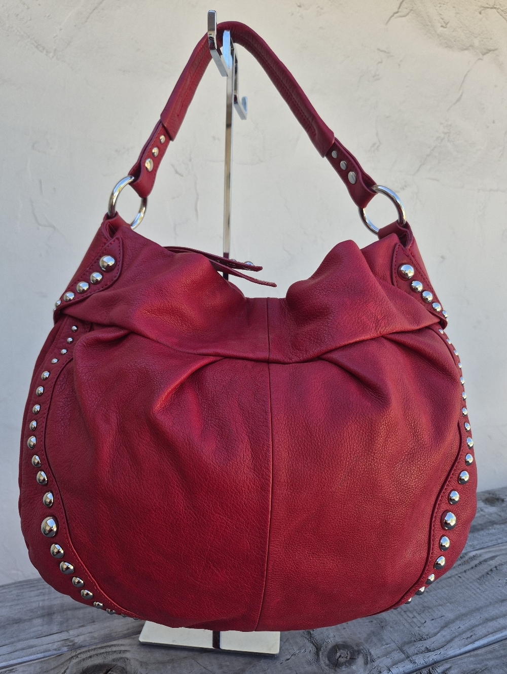 B. Makowsky Vintage Leather Studded Red Hobo Shoulder Bag - Picture 2 of 16